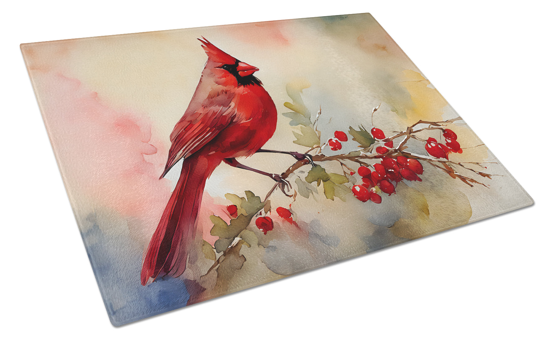 Northern Cardinal with Berries Cutting Board Tempered Glass Kitchen Cutting Surface, Heat Resistant Chopping, Non-Slip Feet, Food Prep & Serving