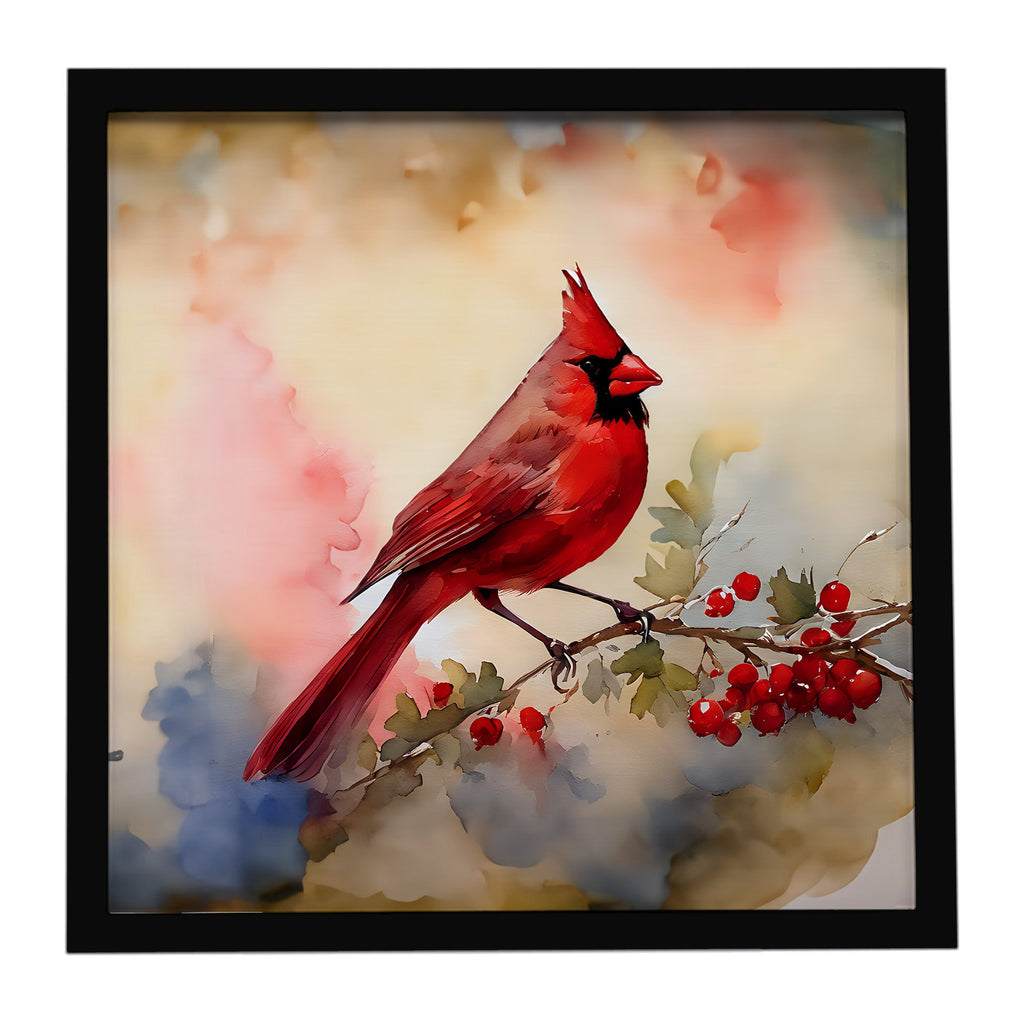 Northern Cardinal with Berries Framed Metal Print Bathroom, Kitchen, Office, Home Decor Wall Art Ready to Hang, Square, 8X8