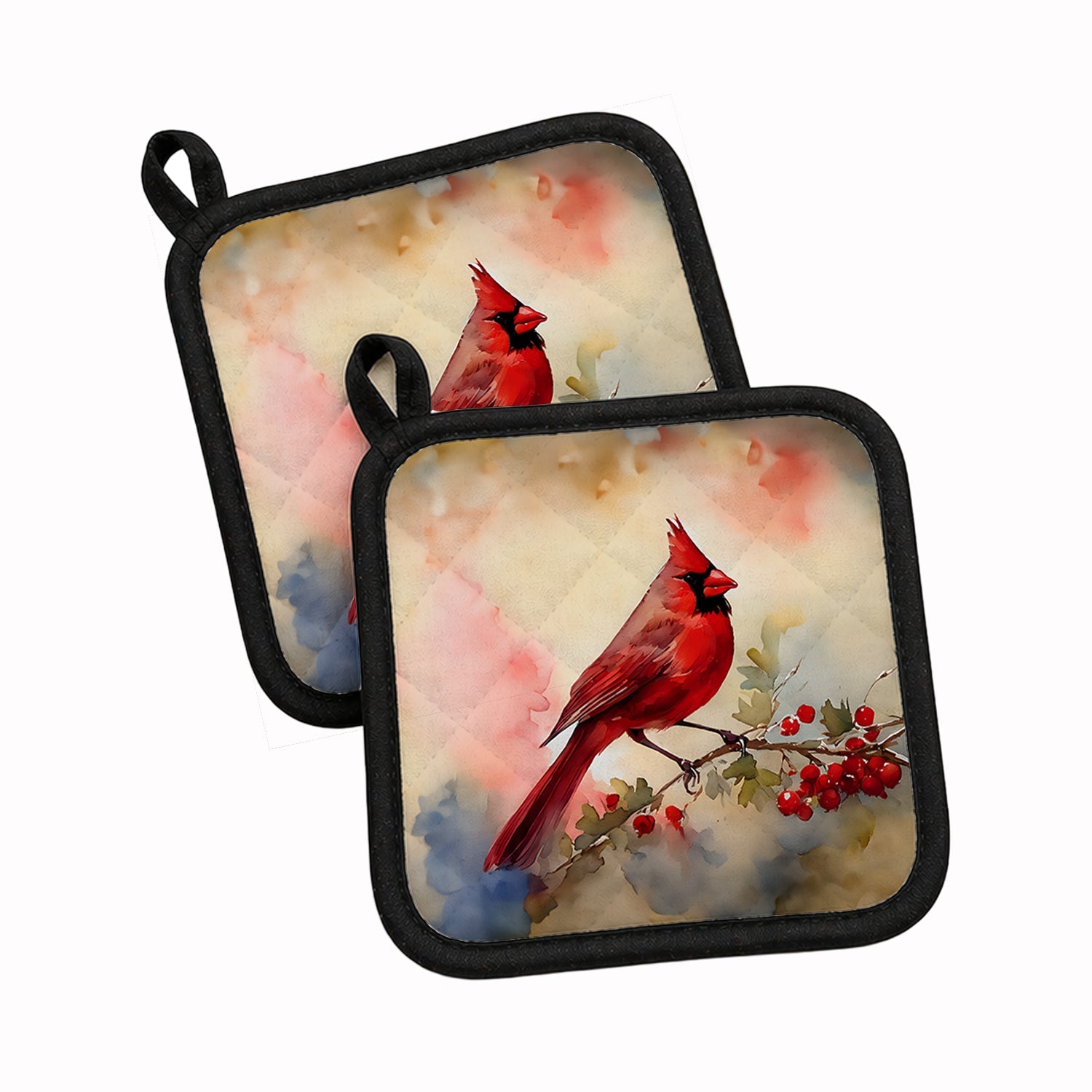 Northern Cardinal with Berries Pot Holder Set of 2 Heat Resistant Quilted Hot Pads 7.5 x 7.5 Inch, Insulated Kitchen Trivets for Cooking & Baking