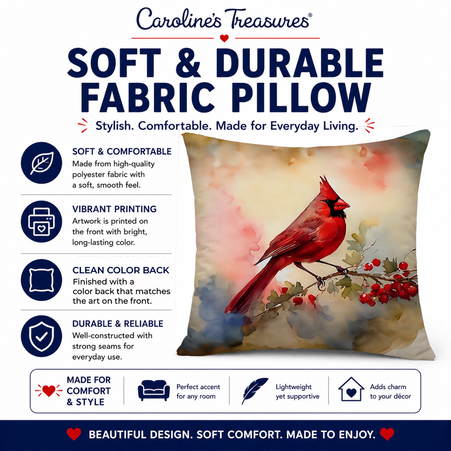 Northern Cardinal with Berries Decorative Throw Pillow 14x14 Indoor Outdoor Accent Cushion, Fabric Cover with Insert for Sofa, Bed, Porch & Living Room