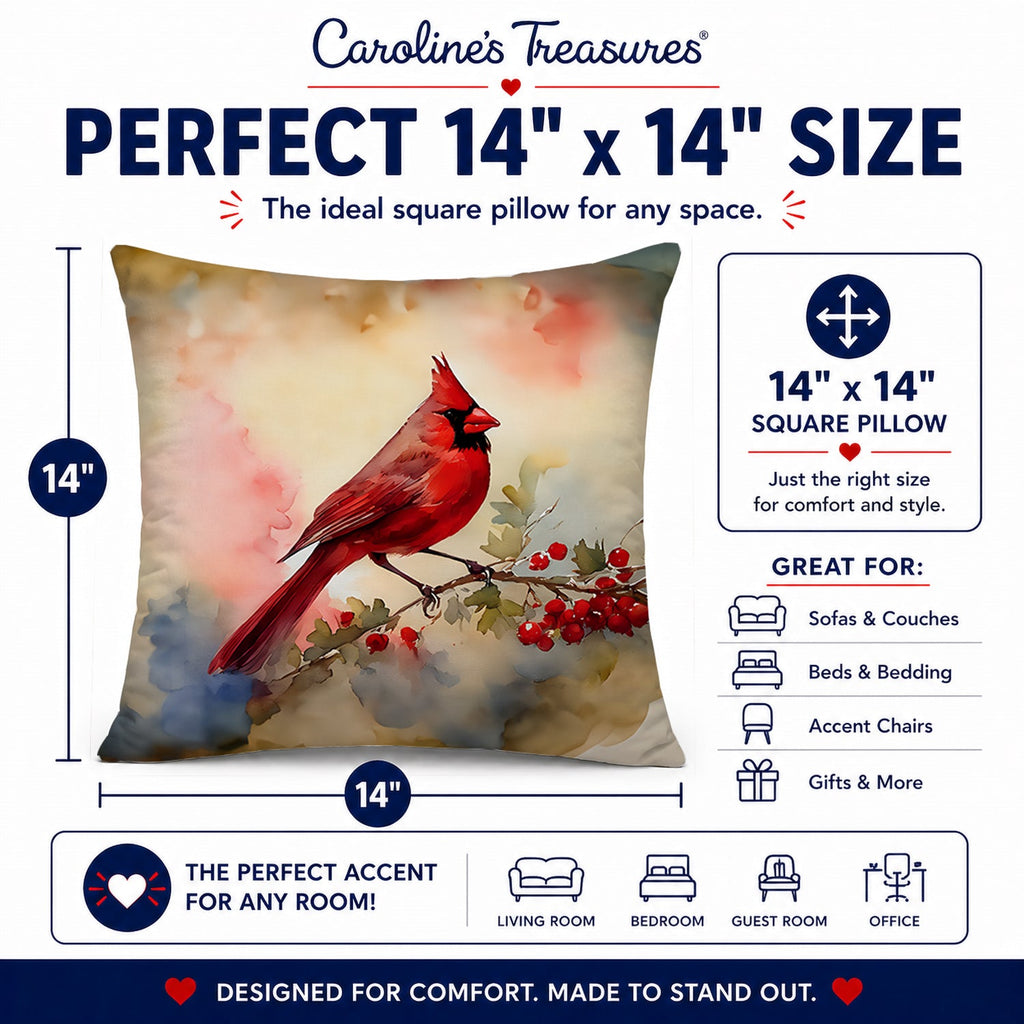 Northern Cardinal with Berries Decorative Throw Pillow 14x14 Indoor Outdoor Accent Cushion, Fabric Cover with Insert for Sofa, Bed, Porch & Living Room