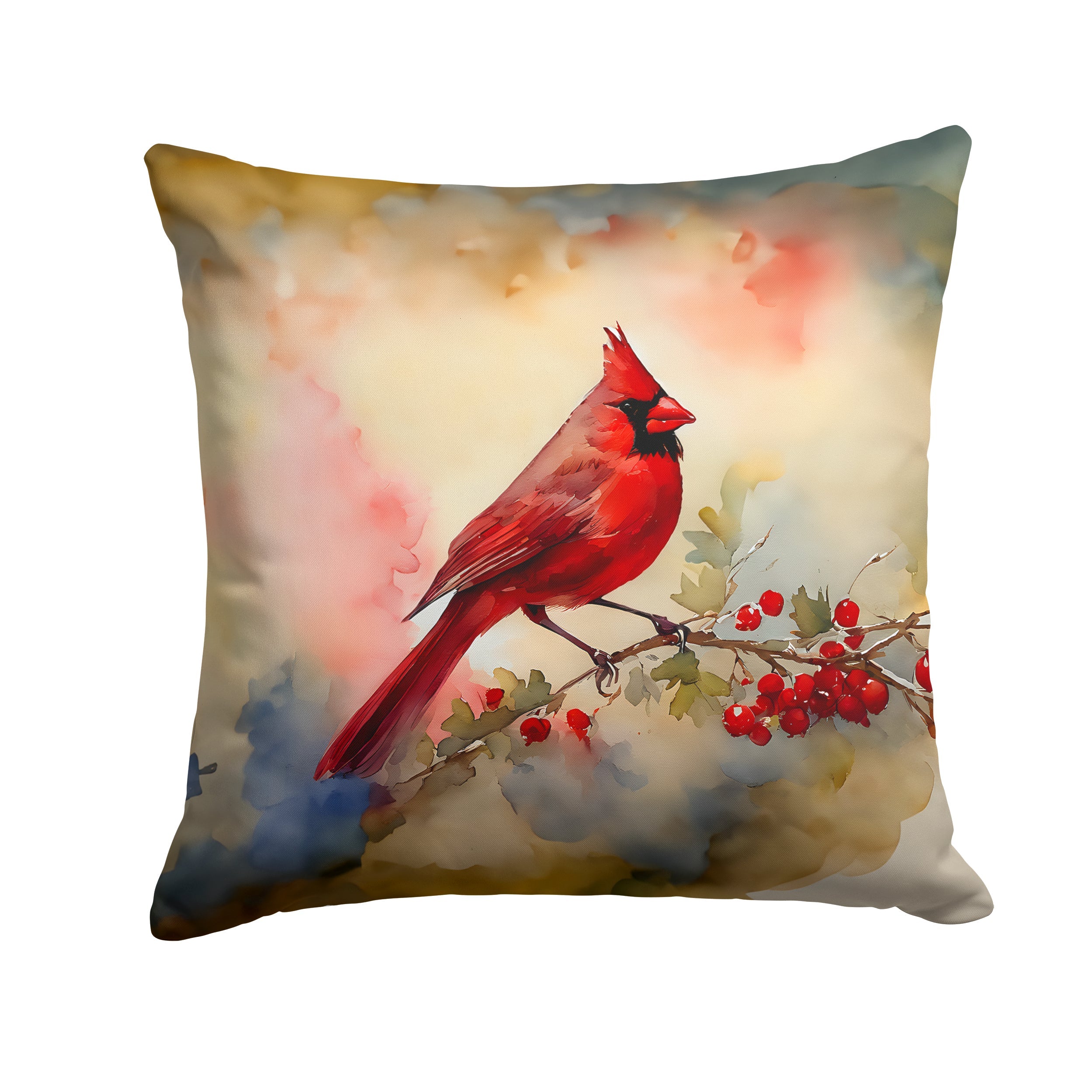 Northern Cardinal with Berries Decorative Throw Pillow 18x18 Indoor Outdoor Accent Cushion, Fabric Cover with Insert for Sofa, Bed, Porch & Living Room