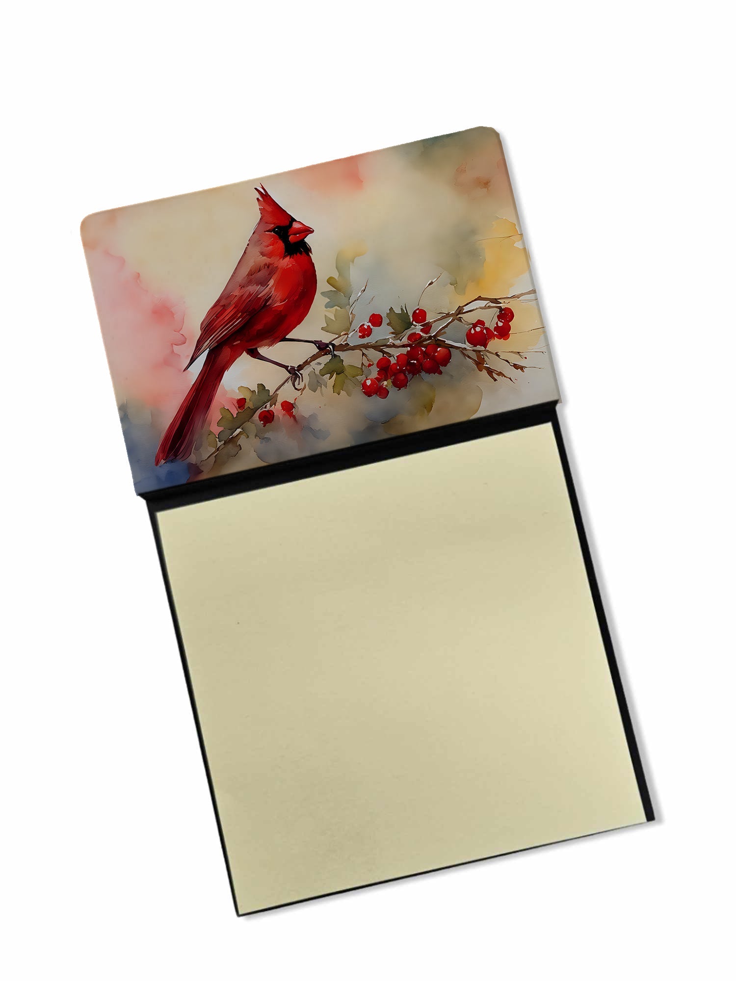 Northern Cardinal with Berries Watercolor Sticky Note Holder Refillable Dispenser Desk Accessory 3x3 Pad Gift