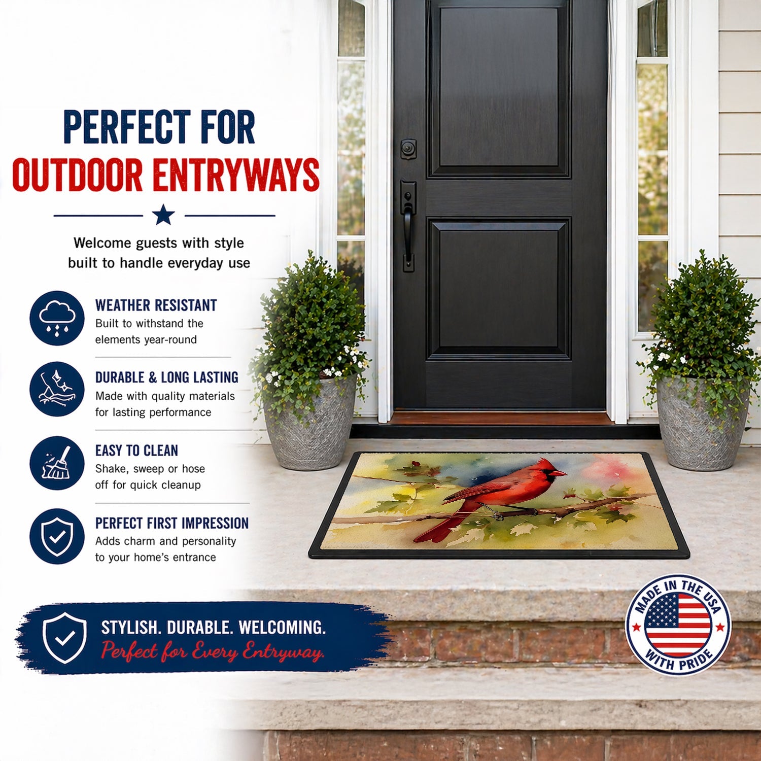 Northern Cardinal on Branch Autumn Doormat Indoor Outdoor 24H X 36W Front Door Mat Rugs for Entryway, Non Slip Washable Low Pile,
