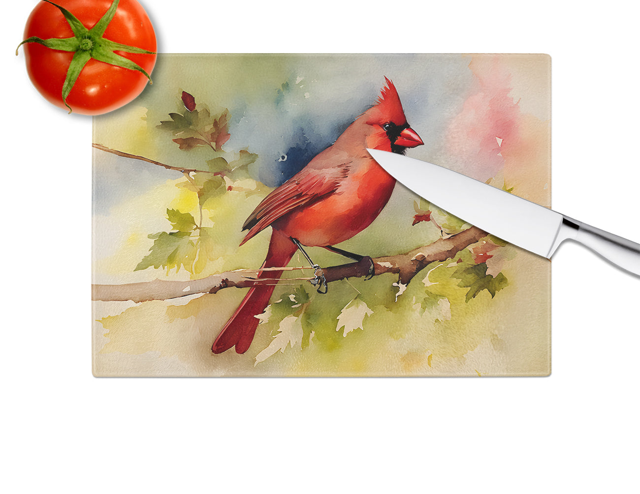 Northern Cardinal on Branch Autumn Cutting Board Tempered Glass Kitchen Cutting Surface, Heat Resistant Chopping, Non-Slip Feet, Food Prep & Serving