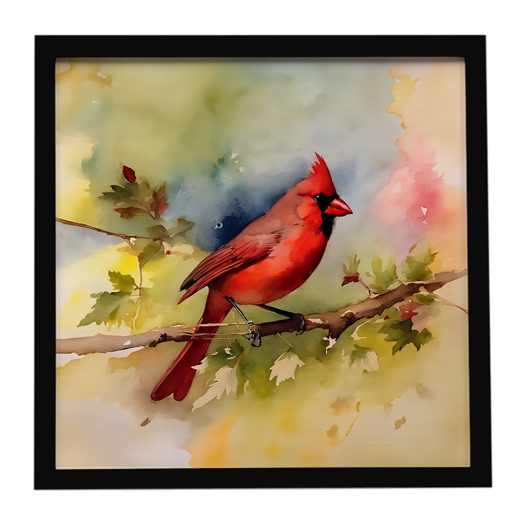 Northern Cardinal on Branch Autumn Framed Metal Print Bathroom, Kitchen, Office, Home Decor Wall Art Ready to Hang, Square, 8X8