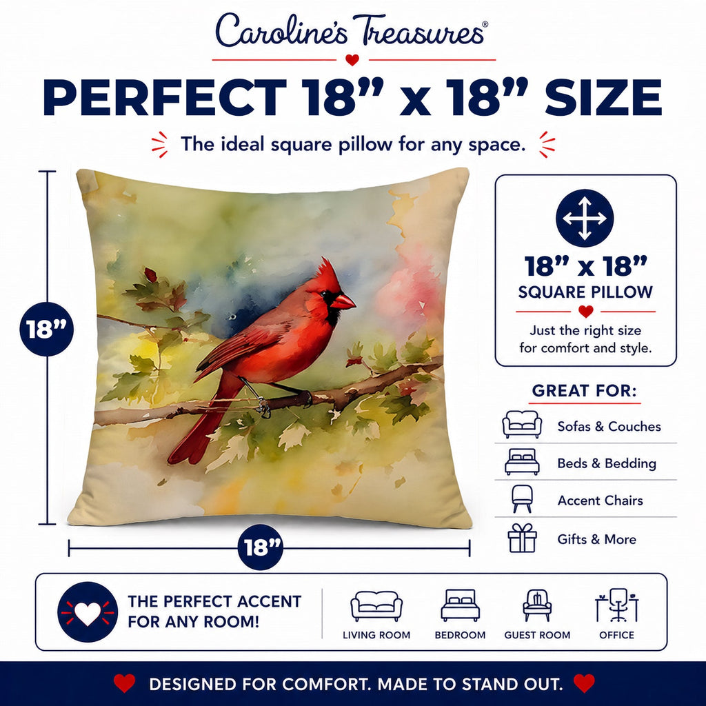 Northern Cardinal on Branch Autumn Decorative Throw Pillow 18x18 Indoor Outdoor Accent Cushion, Fabric Cover with Insert for Sofa, Bed, Porch & Living Room