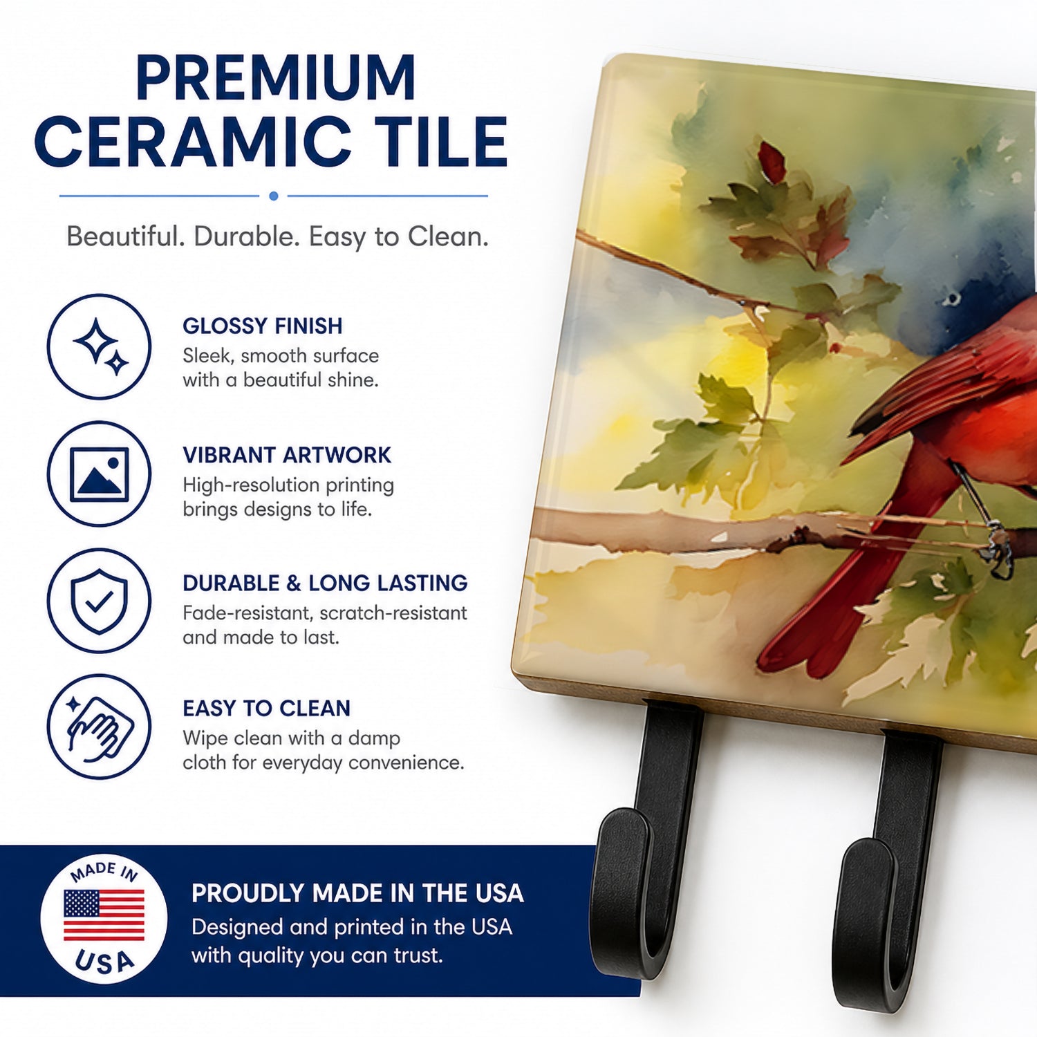 Northern Cardinal on Branch Autumn Leash or Key Holder Wall Hooks, Coat Rack Wall Mount, for Hanging Keys, Towels, Aprons, Leashes
