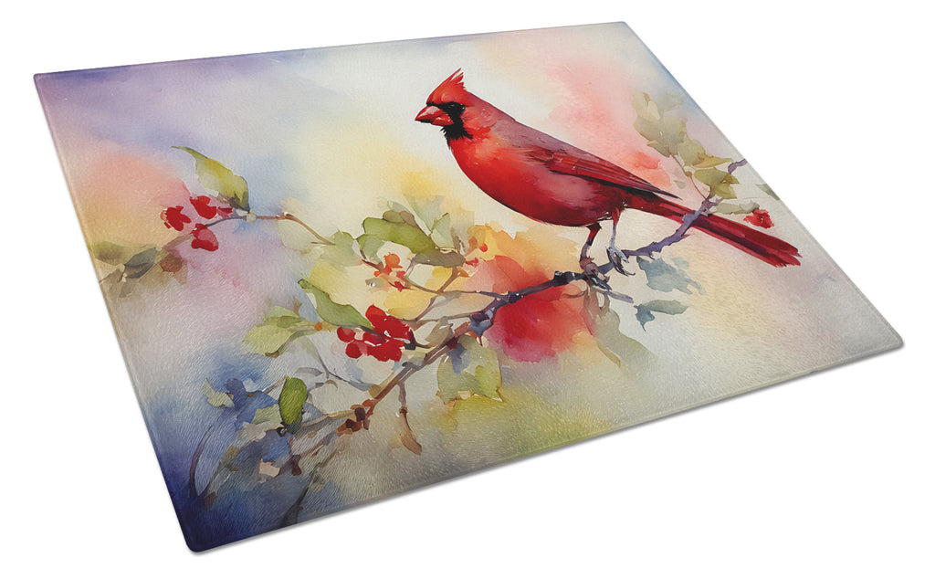 Northern Cardinal Floral Branch Cutting Board Tempered Glass Kitchen Cutting Surface, Heat Resistant Chopping, Non-Slip Feet, Food Prep & Serving