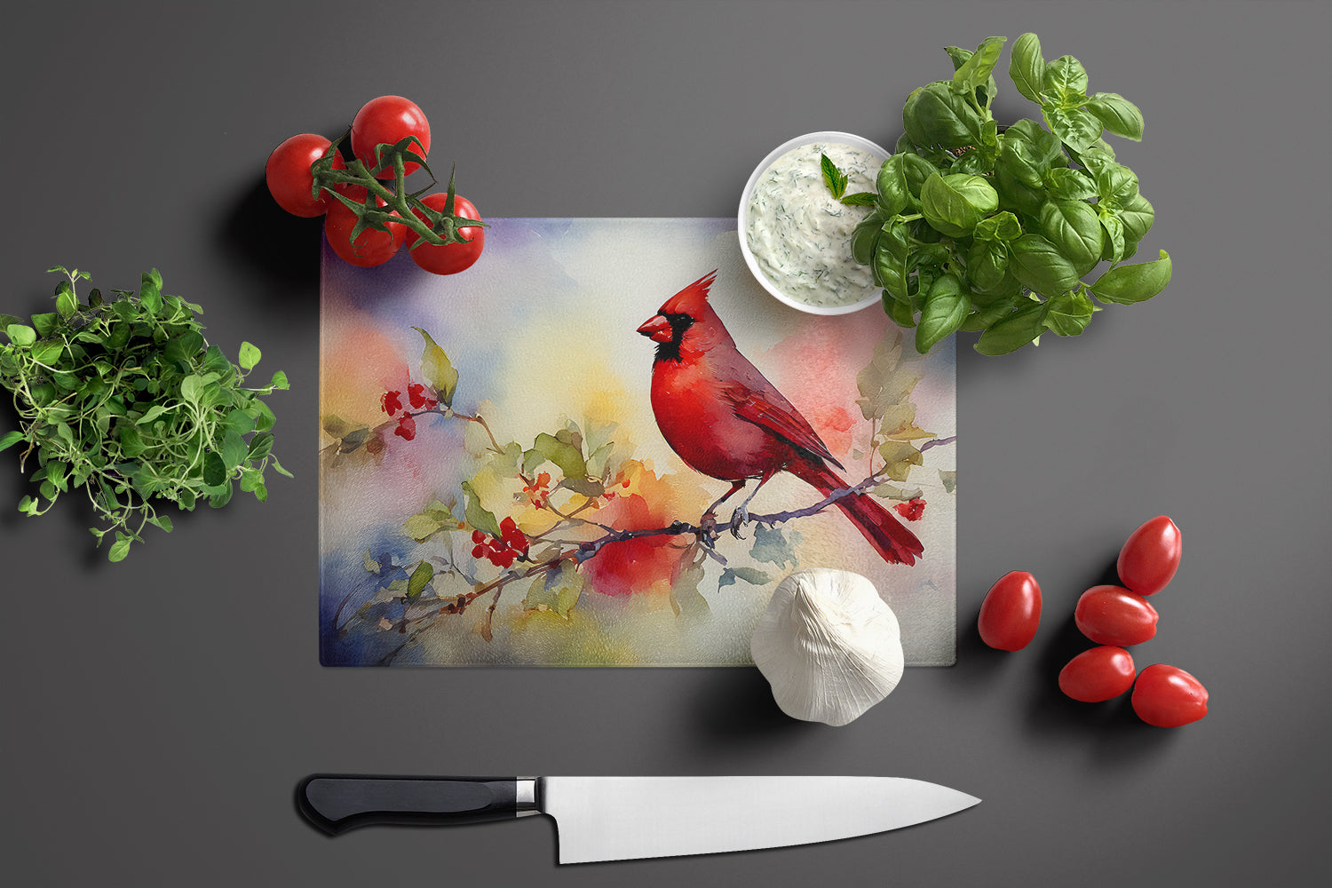 Northern Cardinal Floral Branch Cutting Board Tempered Glass Kitchen Cutting Surface, Heat Resistant Chopping, Non-Slip Feet, Food Prep & Serving
