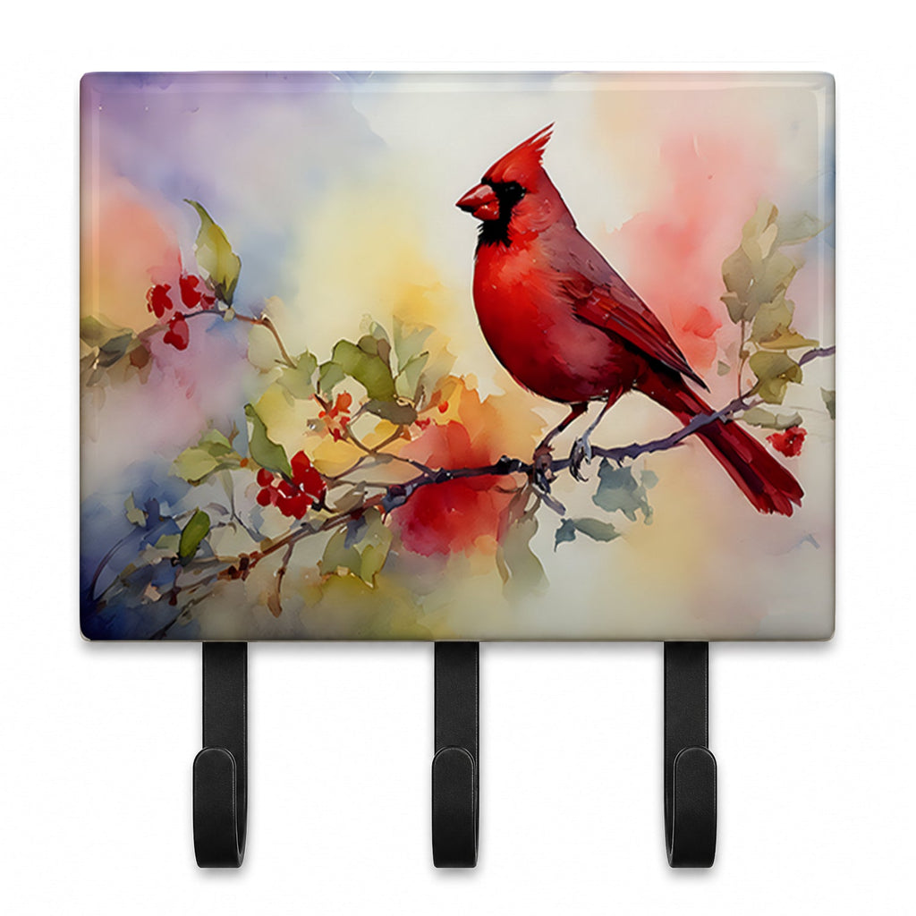 Northern Cardinal Floral Branch Leash or Key Holder Wall Hooks, Coat Rack Wall Mount, for Hanging Keys, Towels, Aprons, Leashes