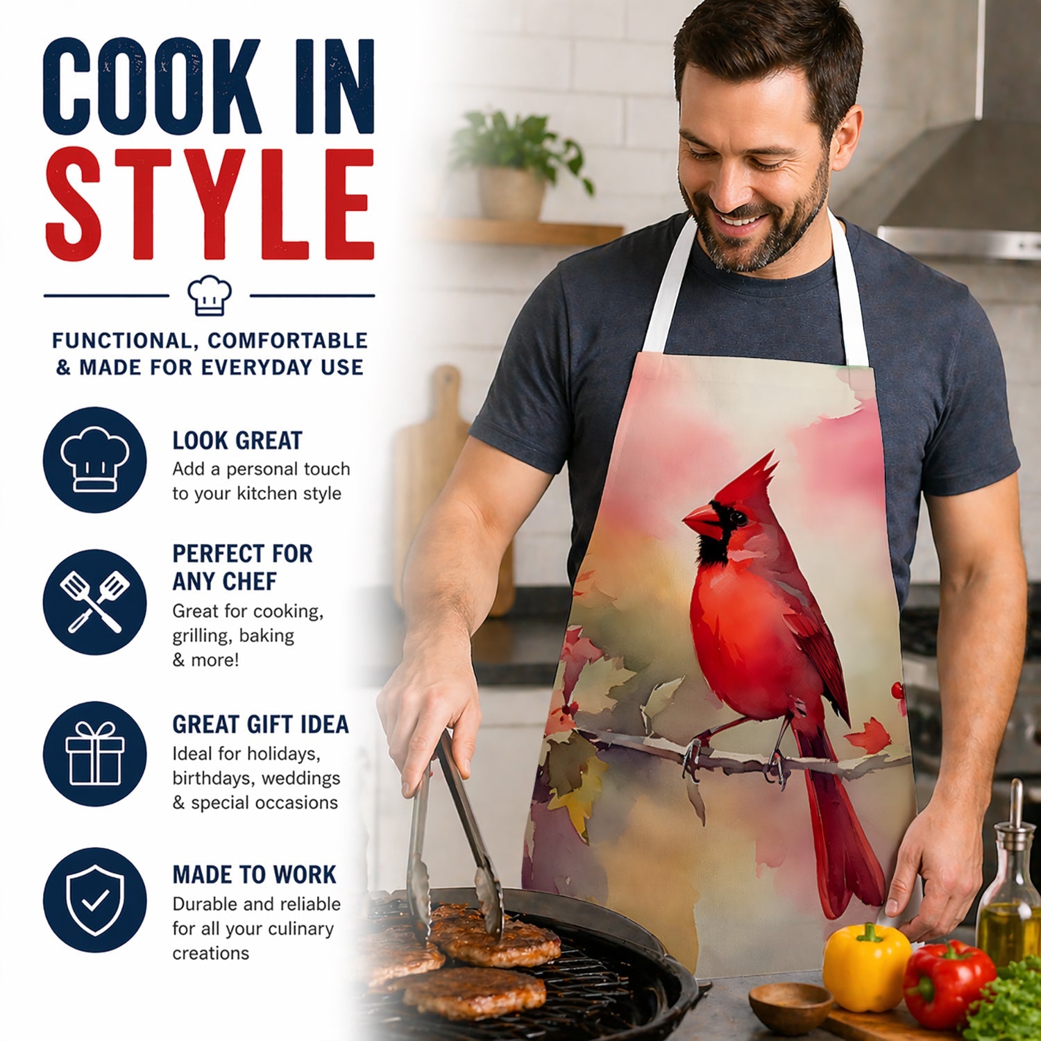 Northern Cardinal on Blossom Branch Apron Cooking Kitchen Server Baking Crafts Gardening for Adult Women Men, Unisex, Large, Multicolor