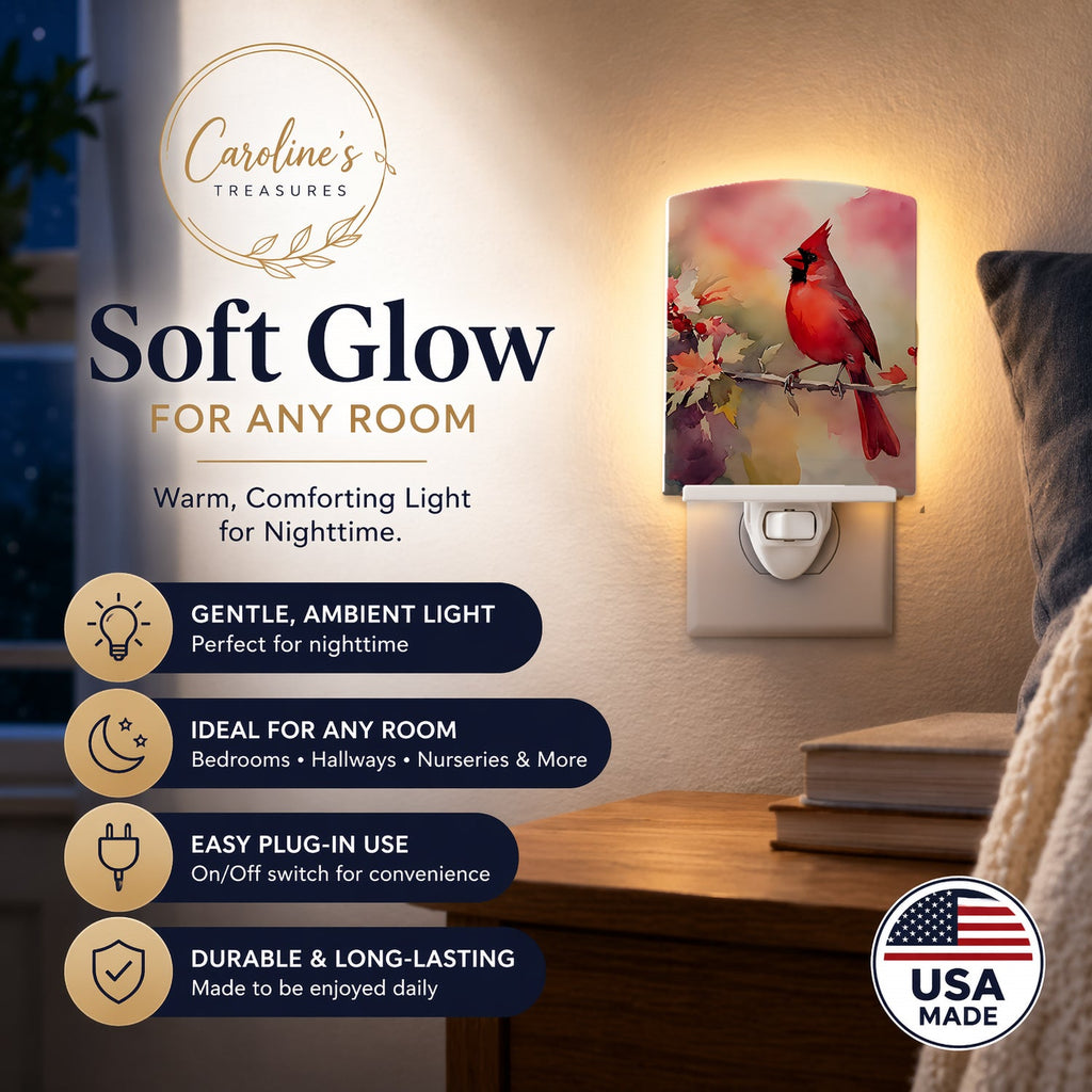 Northern Cardinal on Blossom Branch Ceramic Night Light Compact, UL-Certified, Ideal for Bedroom, Bathroom, Nursery, Hallway, Kitchen, 6x4x3, Multicolor