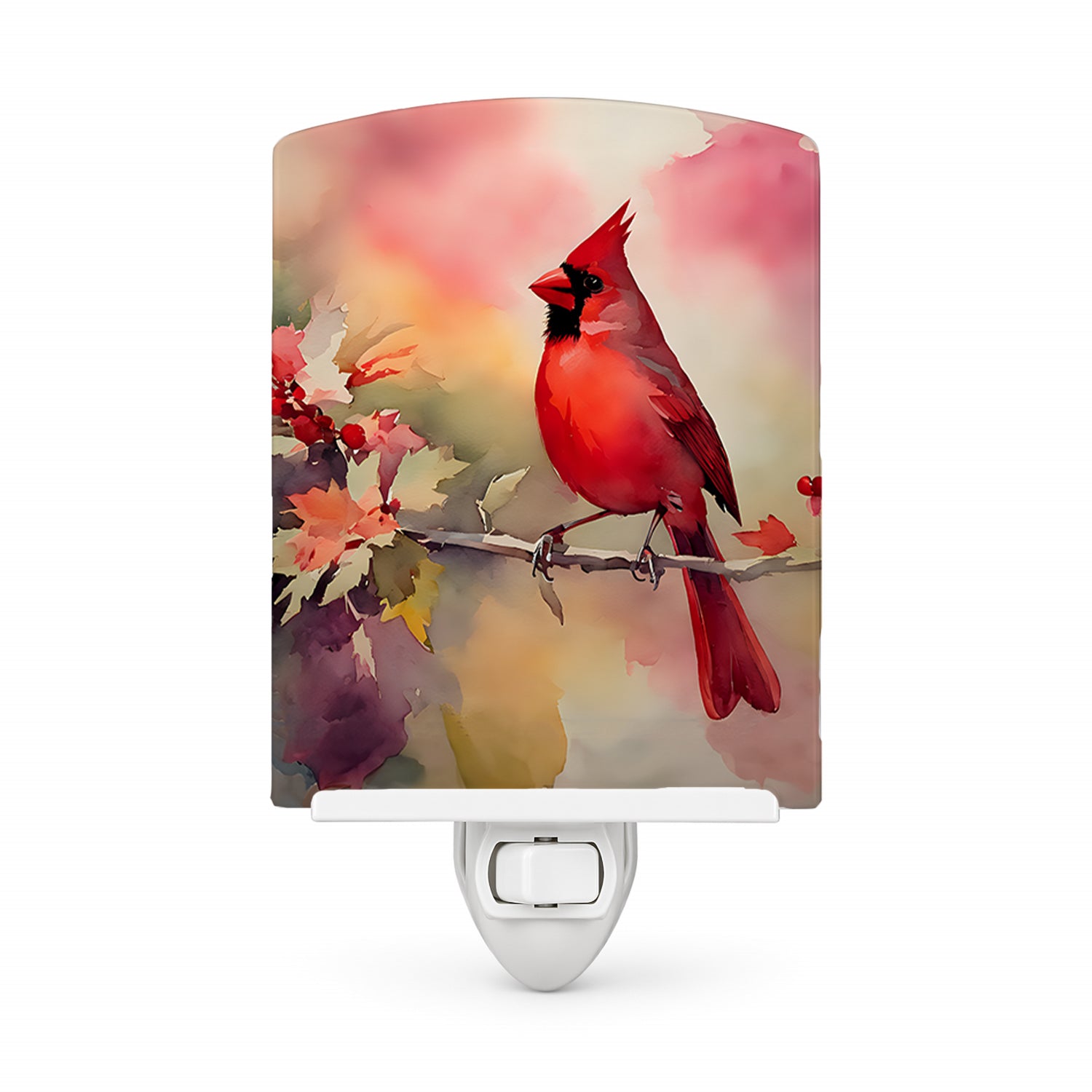 Northern Cardinal on Blossom Branch Ceramic Night Light Compact, UL-Certified, Ideal for Bedroom, Bathroom, Nursery, Hallway, Kitchen, 6x4x3, Multicolor
