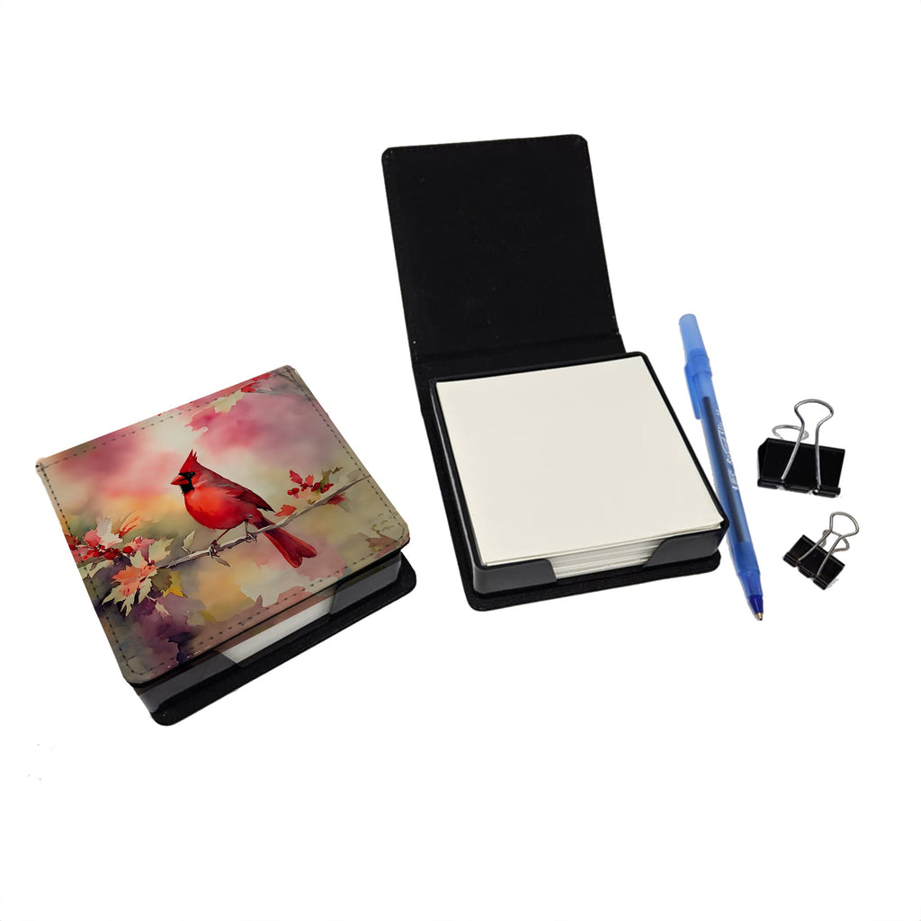 Northern Cardinal on Blossom Branch PU Leather Note Paper Holder with Artist-Designed Cover, Desk Accessory, Office Gift