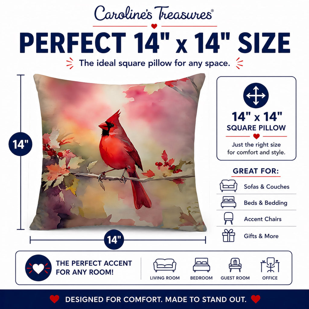 Northern Cardinal on Blossom Branch Decorative Throw Pillow 14x14 Indoor Outdoor Accent Cushion, Fabric Cover with Insert for Sofa, Bed, Porch & Living Room