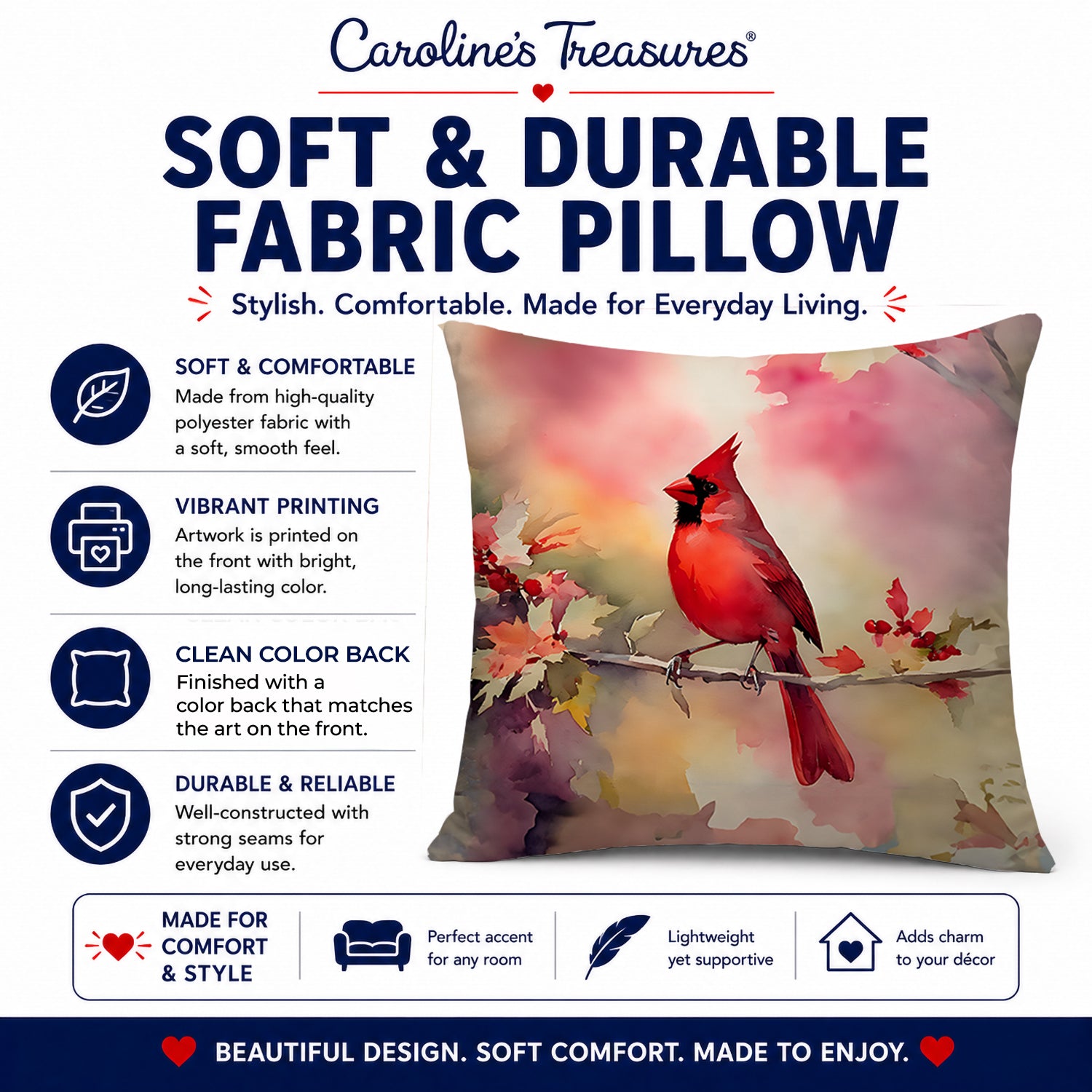 Northern Cardinal on Blossom Branch Decorative Throw Pillow 18x18 Indoor Outdoor Accent Cushion, Fabric Cover with Insert for Sofa, Bed, Porch & Living Room