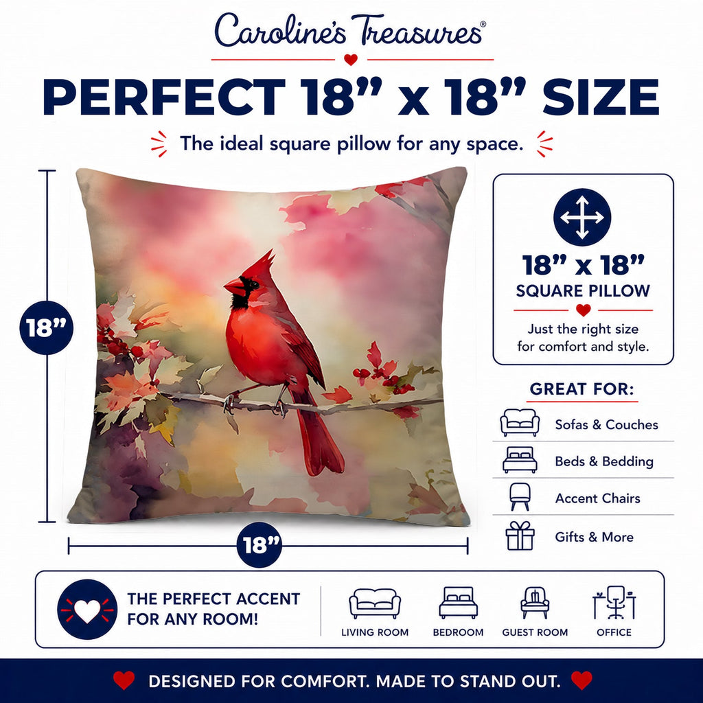 Northern Cardinal on Blossom Branch Decorative Throw Pillow 18x18 Indoor Outdoor Accent Cushion, Fabric Cover with Insert for Sofa, Bed, Porch & Living Room