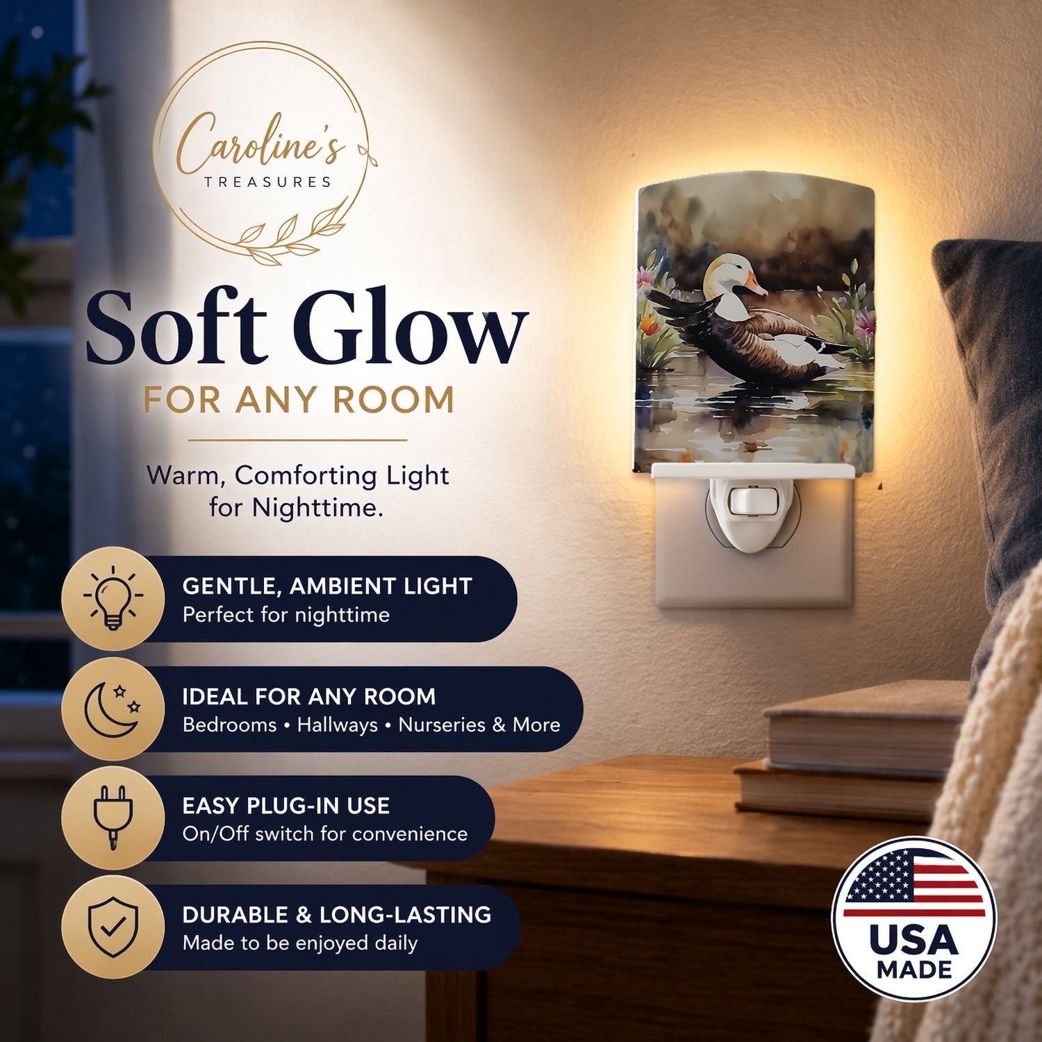 Common Eider Wood Duck Swimming with Flowers Ceramic Night Light Compact, UL-Certified, Ideal for Bedroom, Bathroom, Nursery, Hallway, Kitchen, 6x4x3, Multicolor