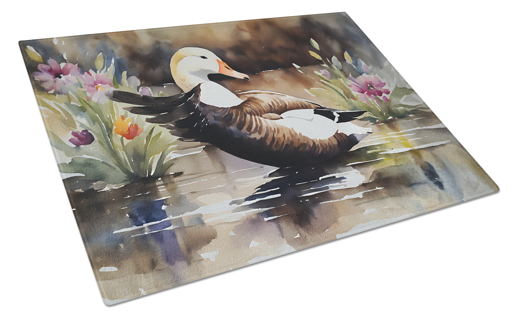 Common Eider Wood Duck Swimming with Flowers Cutting Board Tempered Glass Kitchen Cutting Surface, Heat Resistant Chopping, Non-Slip Feet, Food Prep & Serving