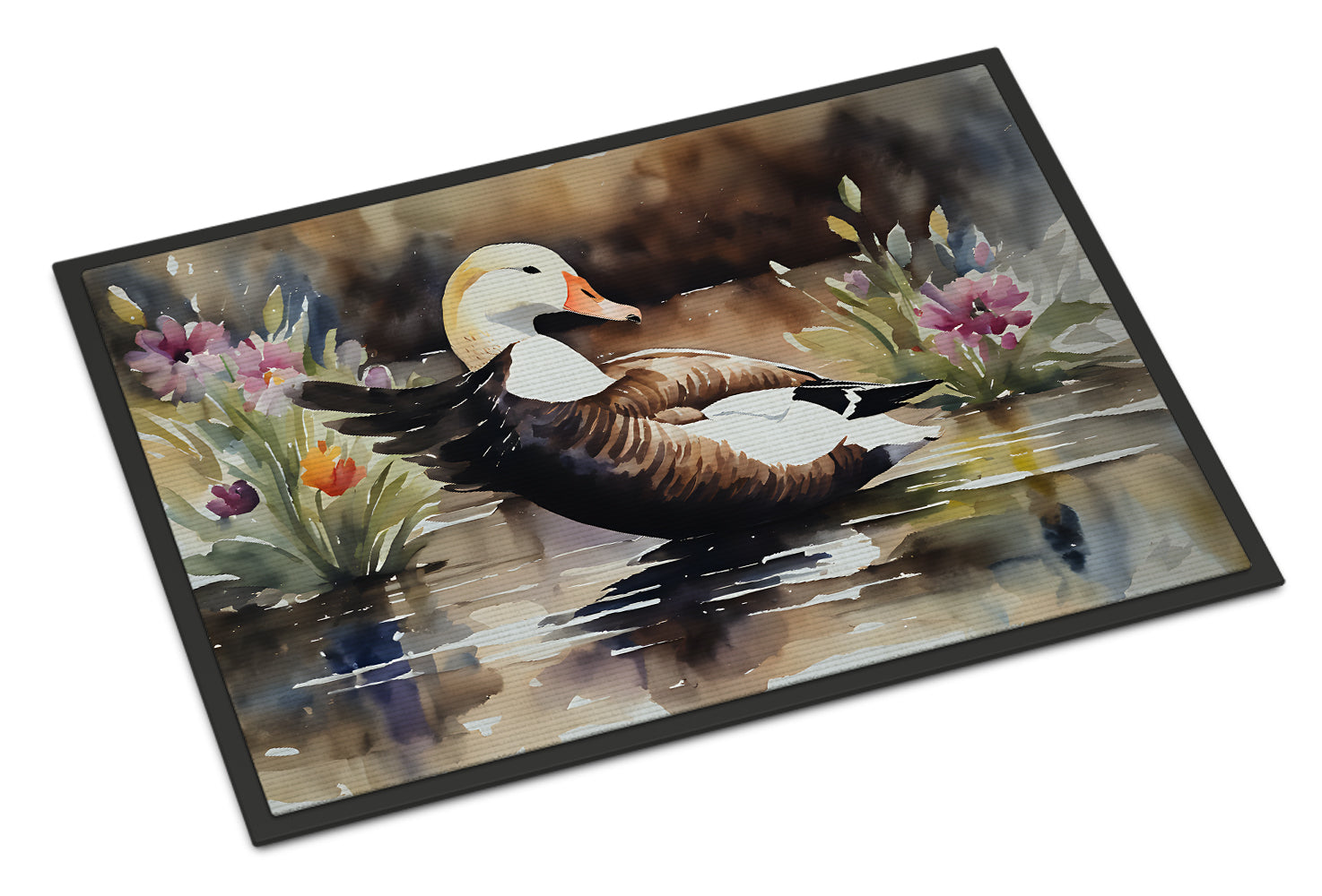 Common Eider Wood Duck Swimming with Flowers Doormat Indoor Outdoor 18H X 27W Front Door Mat Rugs for Entryway, Non Slip Washable
