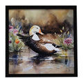 Common Eider Wood Duck Swimming with Flowers Framed Metal Print Bathroom, Kitchen, Office, Home Decor Wall Art Ready to Hang, Square, 8X8