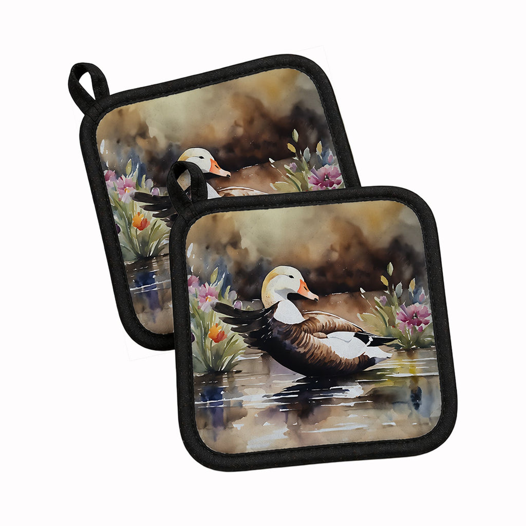 Common Eider Wood Duck Swimming with Flowers Pot Holder Set of 2 Heat Resistant Quilted Hot Pads 7.5 x 7.5 Inch, Insulated Kitchen Trivets for Cooking & Baking
