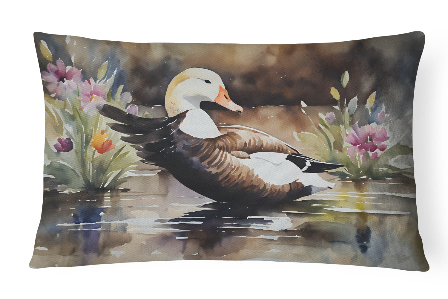 Common Eider Wood Duck Swimming with Flowers Decorative Throw Pillow 12x16 Indoor Outdoor Accent Cushion, Fabric Cover with Insert for Sofa, Bed, Porch & Living Room