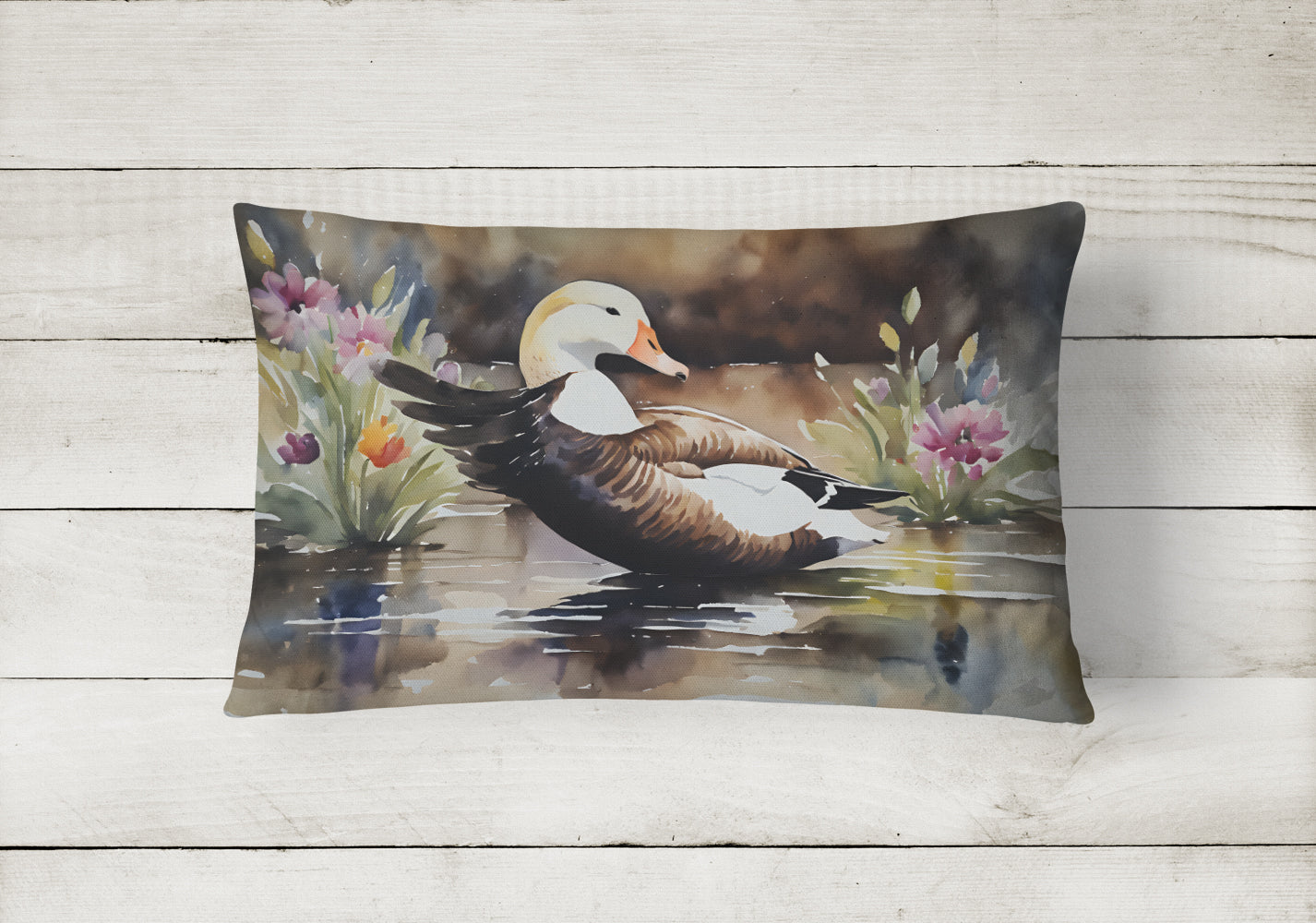 Common Eider Wood Duck Swimming with Flowers Decorative Throw Pillow 12x16 Indoor Outdoor Accent Cushion, Fabric Cover with Insert for Sofa, Bed, Porch & Living Room