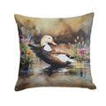 Common Eider Wood Duck Swimming with Flowers Decorative Throw Pillow 14x14 Indoor Outdoor Accent Cushion, Fabric Cover with Insert for Sofa, Bed, Porch & Living Room