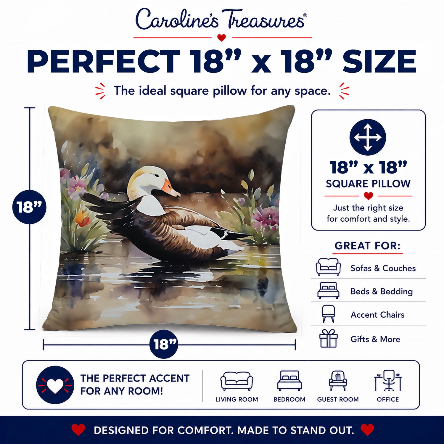 Common Eider Wood Duck Swimming with Flowers Decorative Throw Pillow 18x18 Indoor Outdoor Accent Cushion, Fabric Cover with Insert for Sofa, Bed, Porch & Living Room