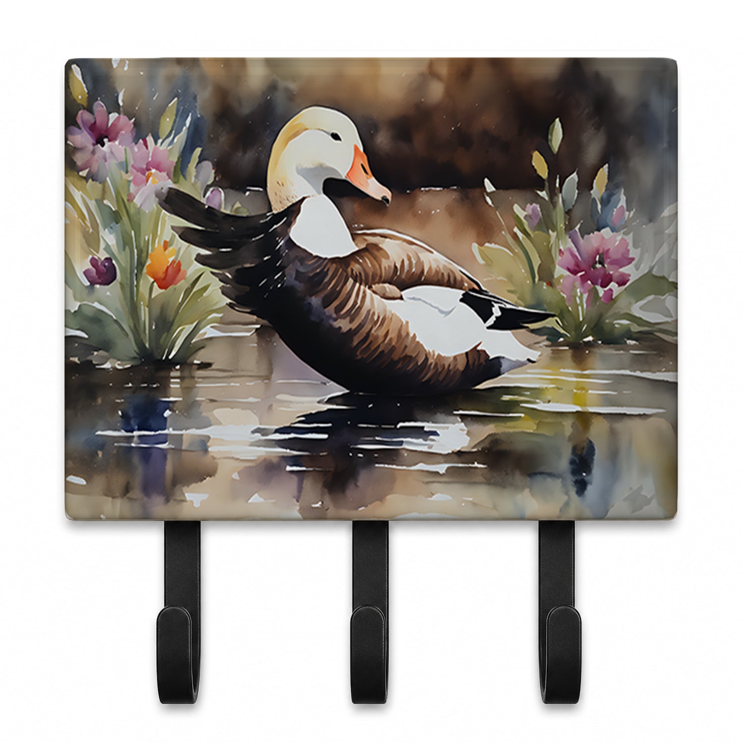Common Eider Wood Duck Swimming with Flowers Leash or Key Holder Wall Hooks, Coat Rack Wall Mount, for Hanging Keys, Towels, Aprons, Leashes