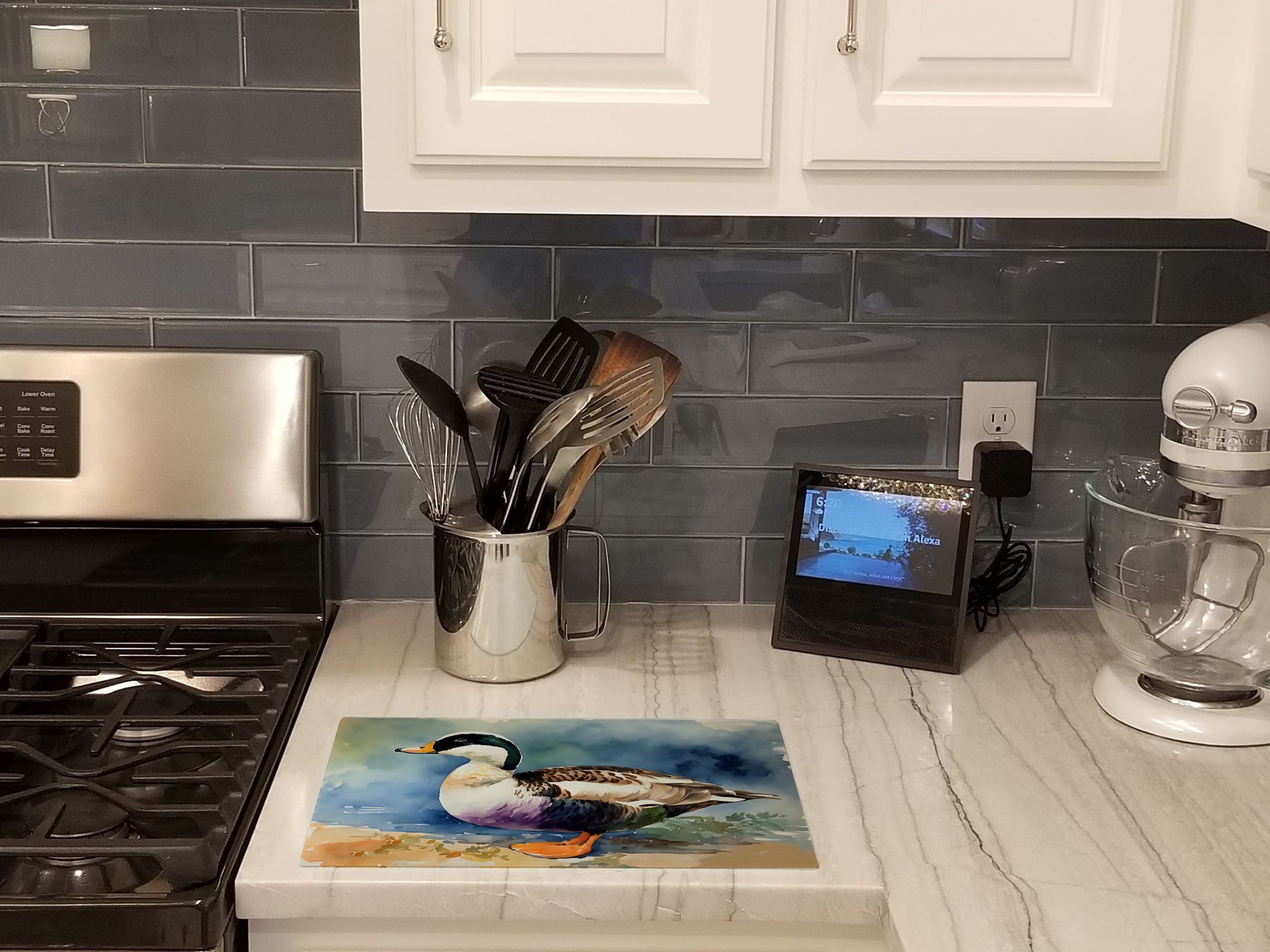 Common Eider Duck Standing Shoreline Cutting Board Tempered Glass Kitchen Cutting Surface, Heat Resistant Chopping, Non-Slip Feet, Food Prep & Serving