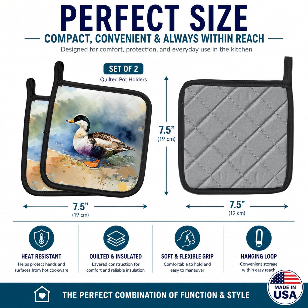 Common Eider Duck Standing Shoreline Pot Holder Set of 2 Heat Resistant Quilted Hot Pads 7.5 x 7.5 Inch, Insulated Kitchen Trivets for Cooking & Baking