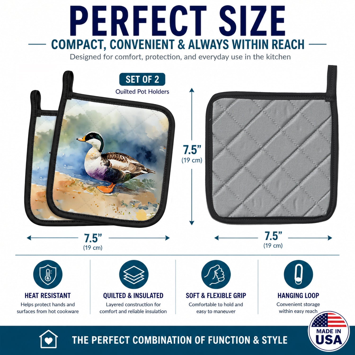 Common Eider Duck Standing Shoreline Pot Holder Set of 2 Heat Resistant Quilted Hot Pads 7.5 x 7.5 Inch, Insulated Kitchen Trivets for Cooking & Baking