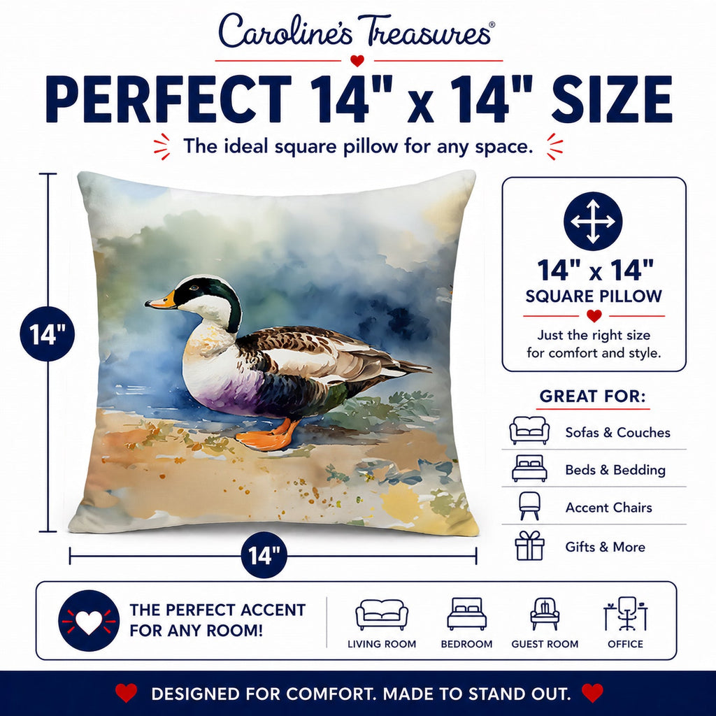 Common Eider Duck Standing Shoreline Decorative Throw Pillow 14x14 Indoor Outdoor Accent Cushion, Fabric Cover with Insert for Sofa, Bed, Porch & Living Room