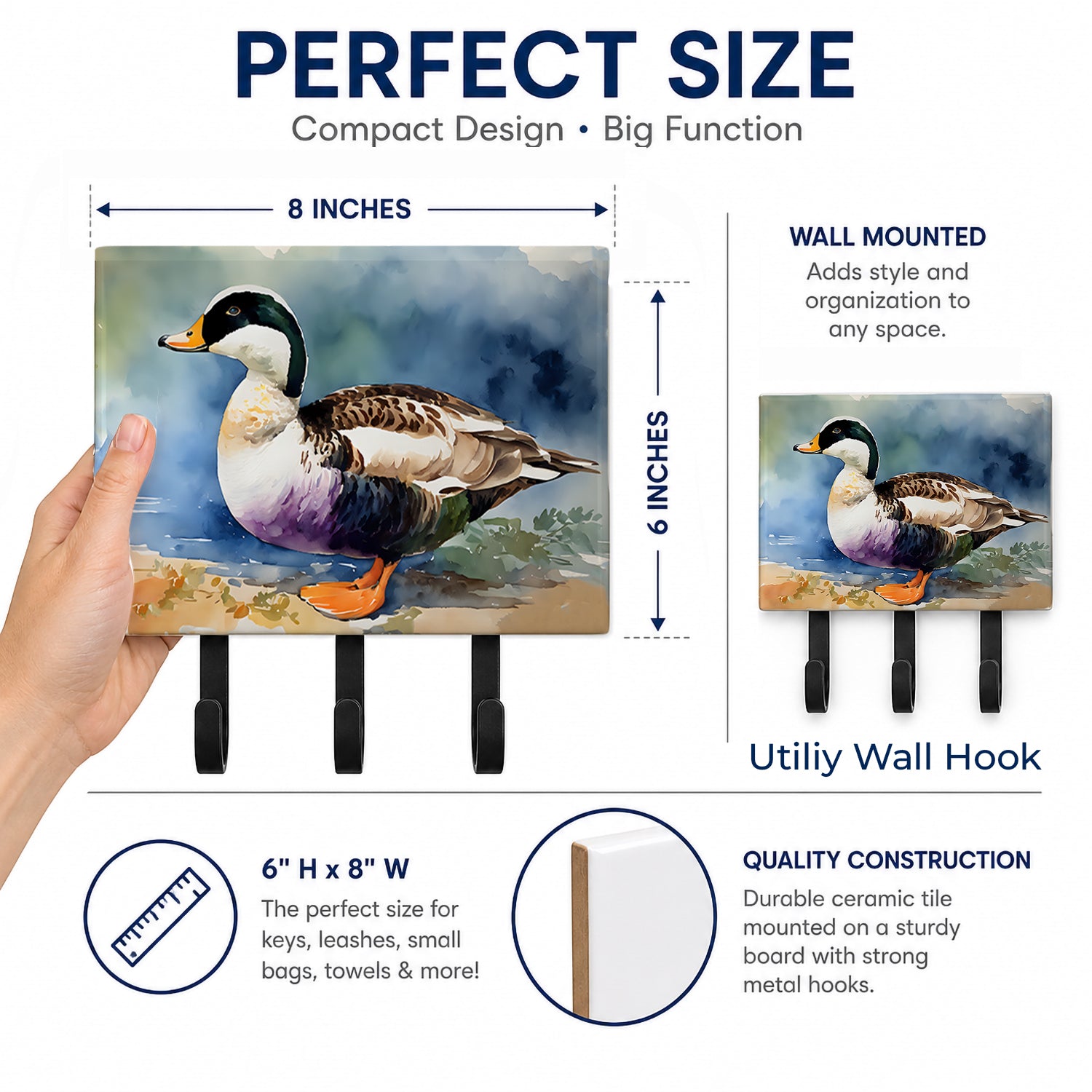 Common Eider Duck Standing Shoreline Leash or Key Holder Wall Hooks, Coat Rack Wall Mount, for Hanging Keys, Towels, Aprons, Leashes