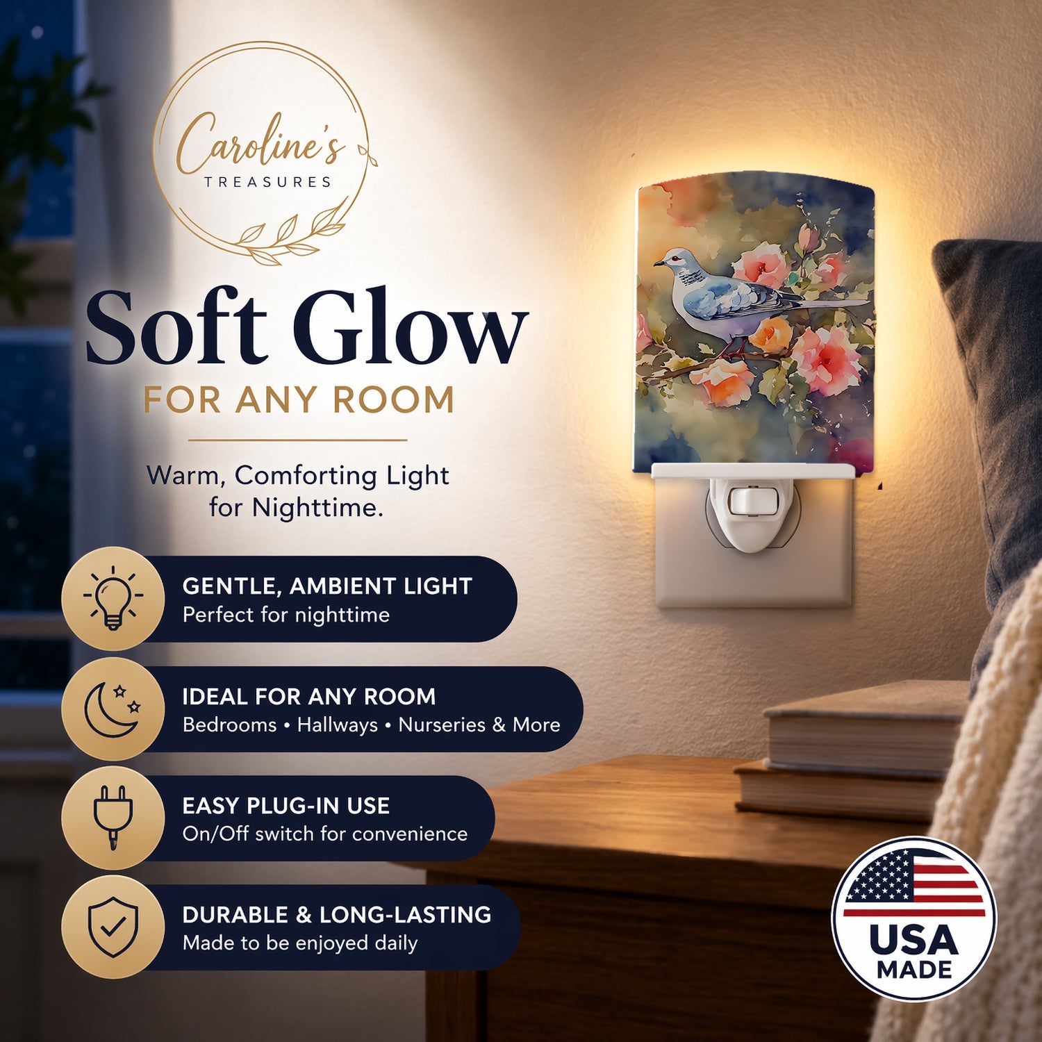 White Dove on Floral Branch Ceramic Night Light Compact, UL-Certified, Ideal for Bedroom, Bathroom, Nursery, Hallway, Kitchen, 6x4x3, Multicolor