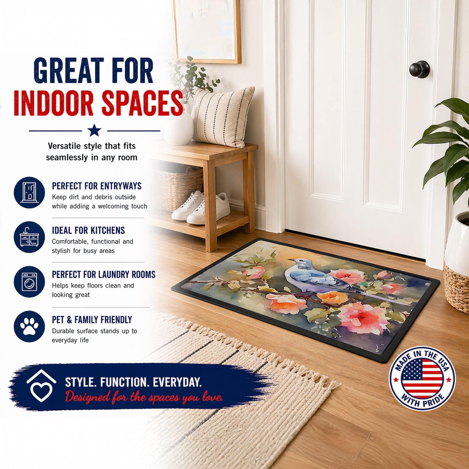 White Dove on Floral Branch Doormat Indoor Outdoor 24H X 36W Front Door Mat Rugs for Entryway, Non Slip Washable Low Pile,