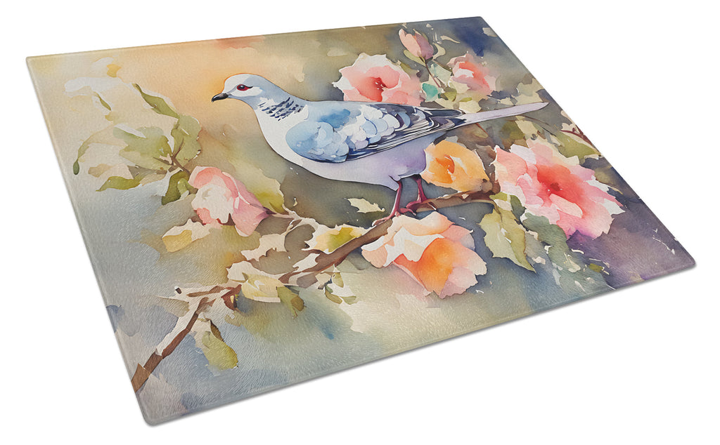 White Dove on Floral Branch Cutting Board Tempered Glass Kitchen Cutting Surface, Heat Resistant Chopping, Non-Slip Feet, Food Prep & Serving