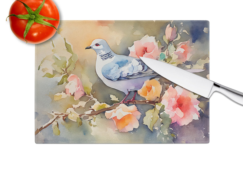 White Dove on Floral Branch Cutting Board Tempered Glass Kitchen Cutting Surface, Heat Resistant Chopping, Non-Slip Feet, Food Prep & Serving