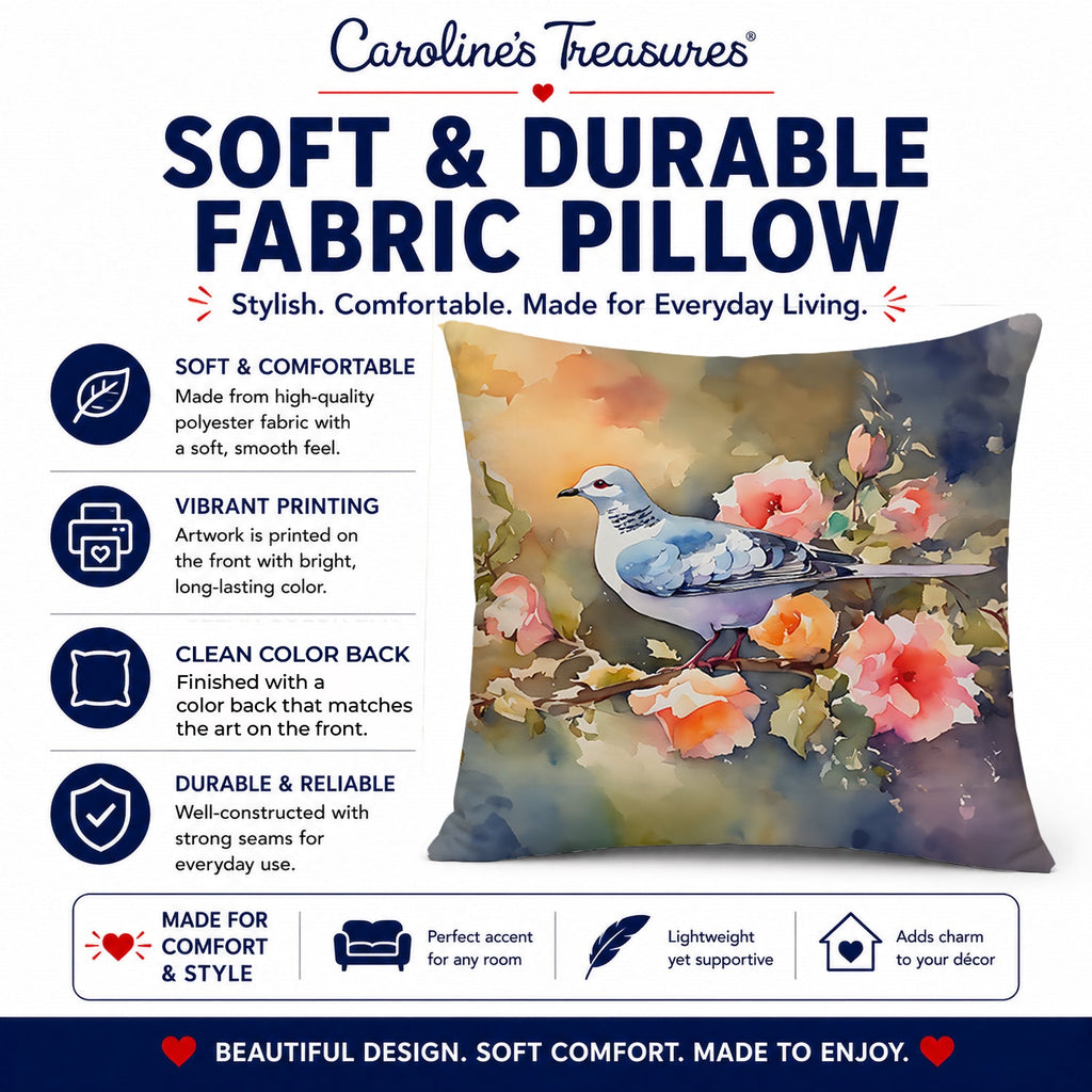 White Dove on Floral Branch Decorative Throw Pillow 18x18 Indoor Outdoor Accent Cushion, Fabric Cover with Insert for Sofa, Bed, Porch & Living Room