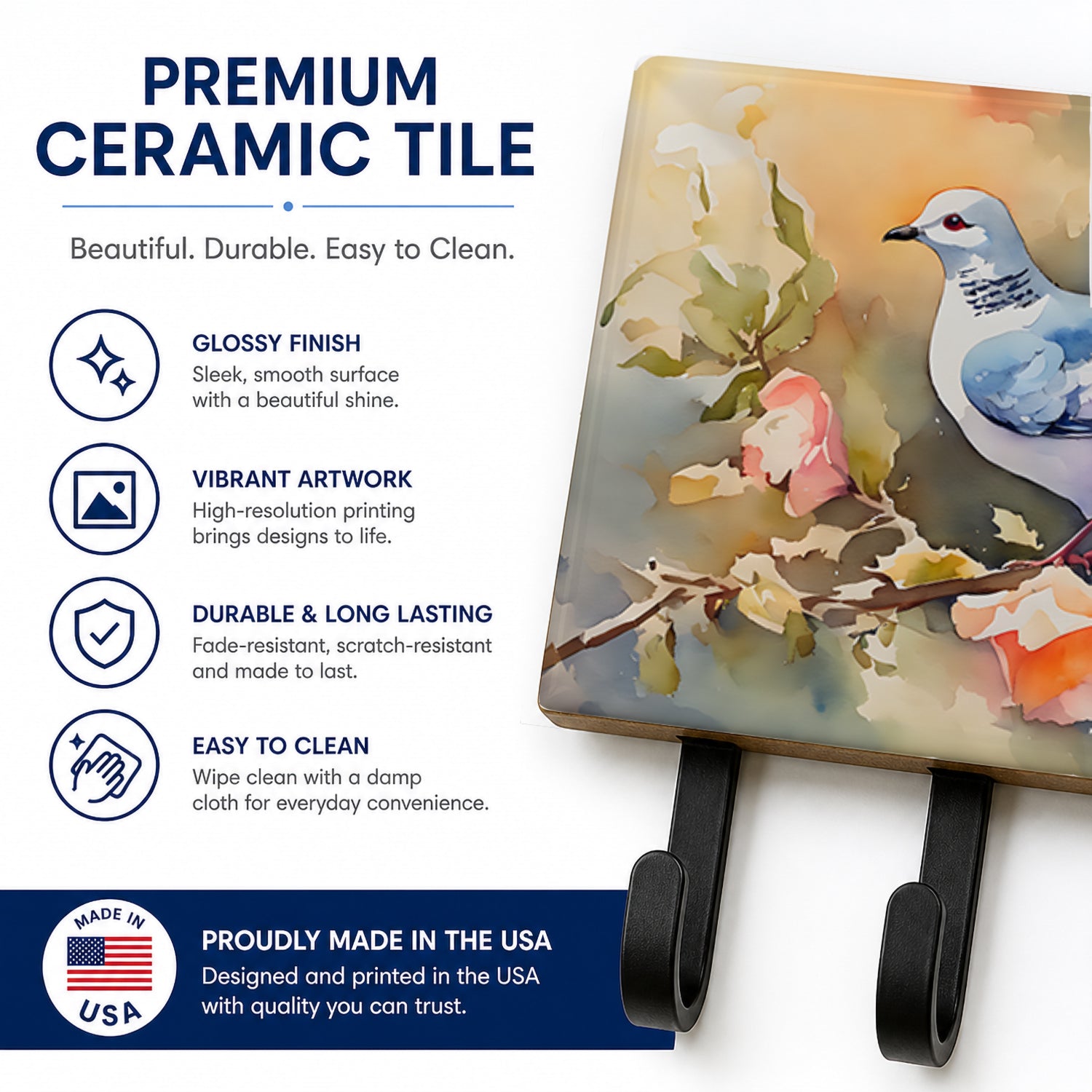 White Dove on Floral Branch Leash or Key Holder Wall Hooks, Coat Rack Wall Mount, for Hanging Keys, Towels, Aprons, Leashes