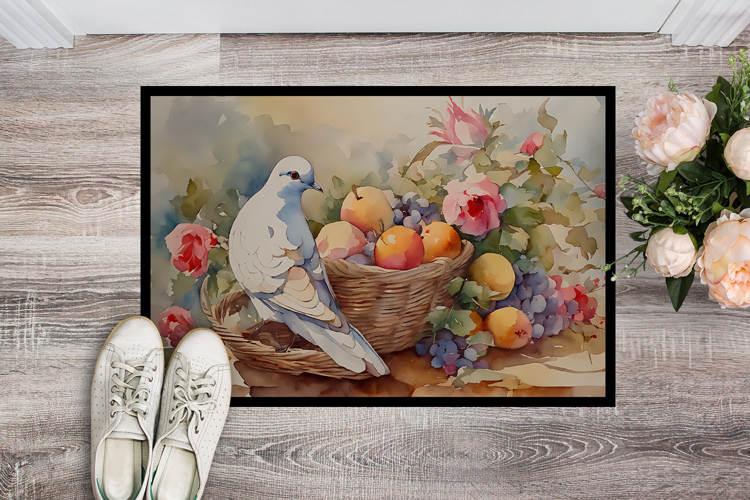 White Dove with Fruit Basket Still Life Doormat Indoor Outdoor 24H X 36W Front Door Mat Rugs for Entryway, Non Slip Washable Low Pile,