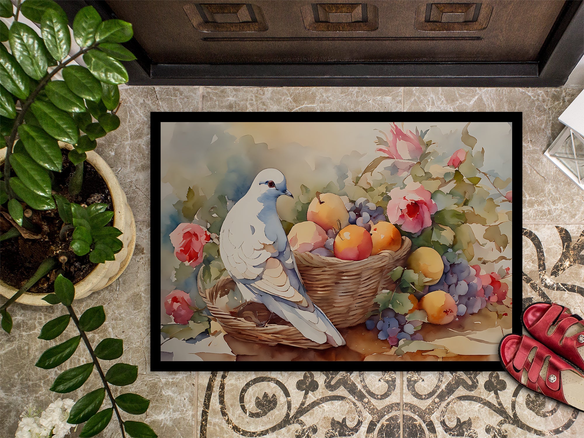 White Dove with Fruit Basket Still Life Doormat Indoor Outdoor 24H X 36W Front Door Mat Rugs for Entryway, Non Slip Washable Low Pile,