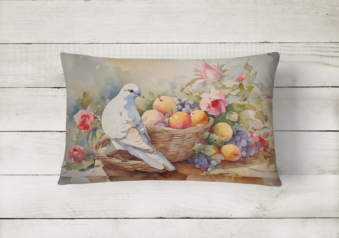 White Dove with Fruit Basket Still Life Decorative Throw Pillow 12x16 Indoor Outdoor Accent Cushion, Fabric Cover with Insert for Sofa, Bed, Porch & Living Room
