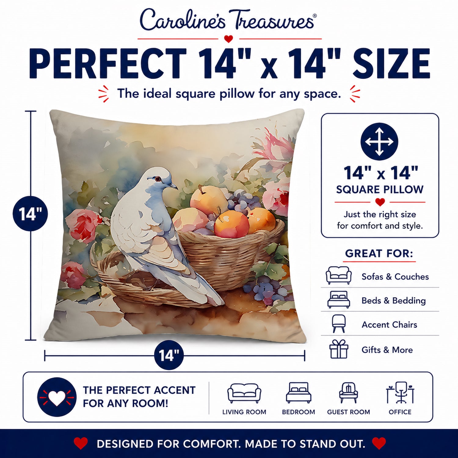 White Dove with Fruit Basket Still Life Decorative Throw Pillow 14x14 Indoor Outdoor Accent Cushion, Fabric Cover with Insert for Sofa, Bed, Porch & Living Room