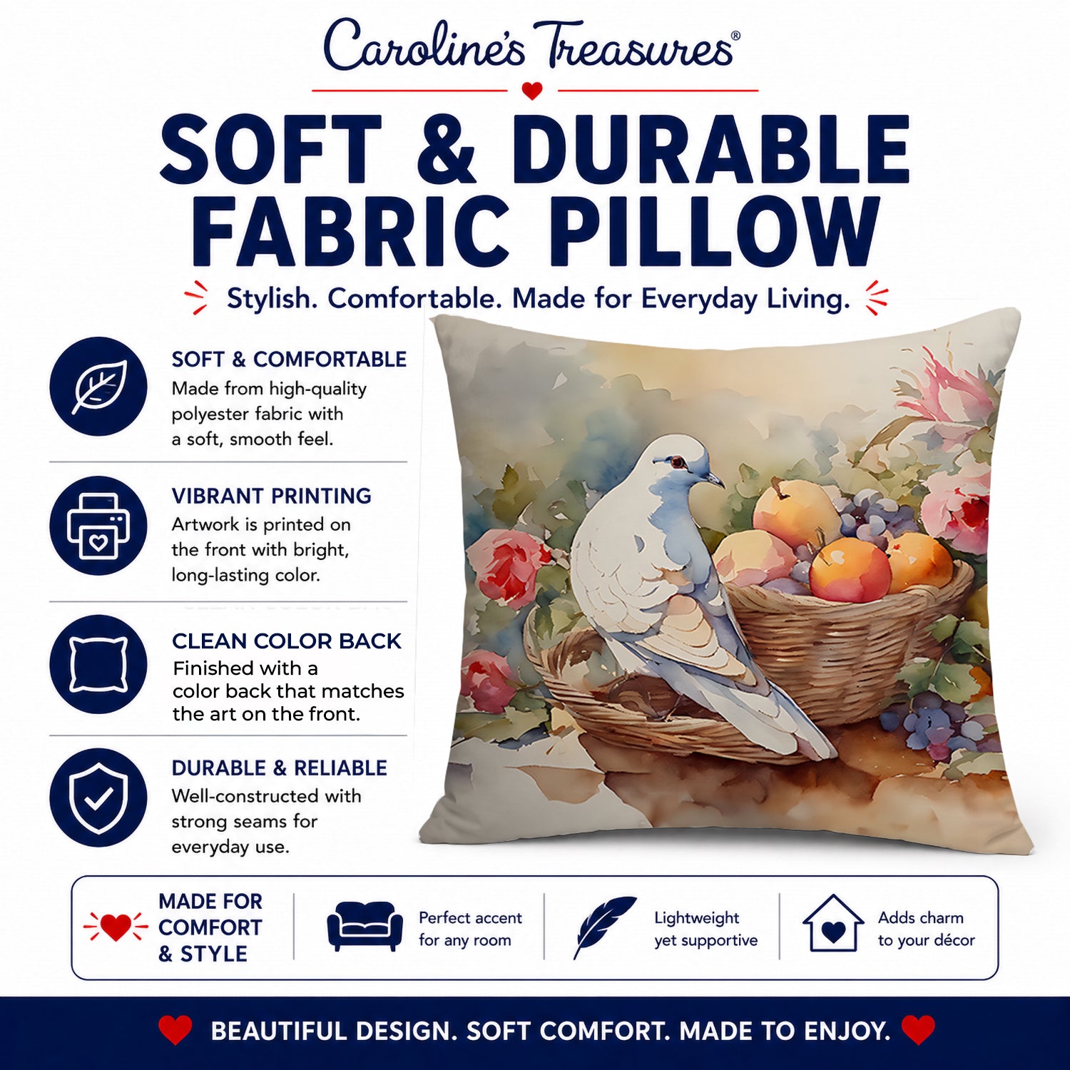 White Dove with Fruit Basket Still Life Decorative Throw Pillow 18x18 Indoor Outdoor Accent Cushion, Fabric Cover with Insert for Sofa, Bed, Porch & Living Room