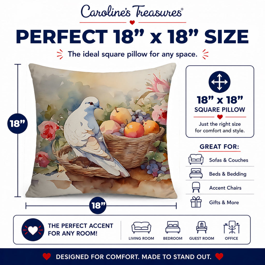 White Dove with Fruit Basket Still Life Decorative Throw Pillow 18x18 Indoor Outdoor Accent Cushion, Fabric Cover with Insert for Sofa, Bed, Porch & Living Room