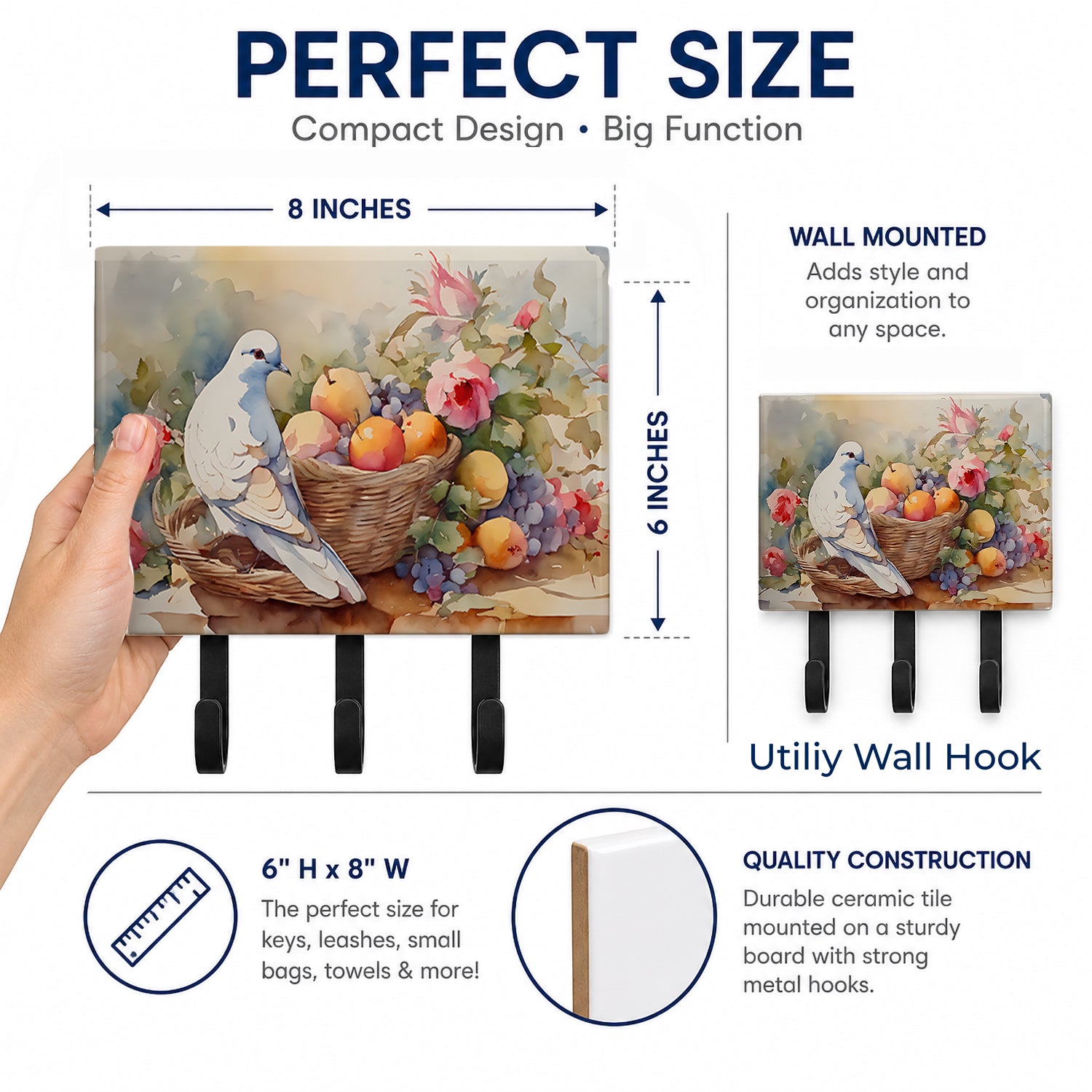 White Dove with Fruit Basket Still Life Leash or Key Holder Wall Hooks, Coat Rack Wall Mount, for Hanging Keys, Towels, Aprons, Leashes